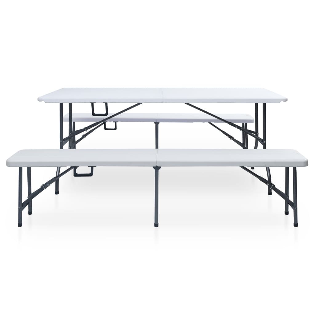 vidaXL Składany stół ogrodowy z 2 ławkami, 180 cm, stal i HDPE, biały