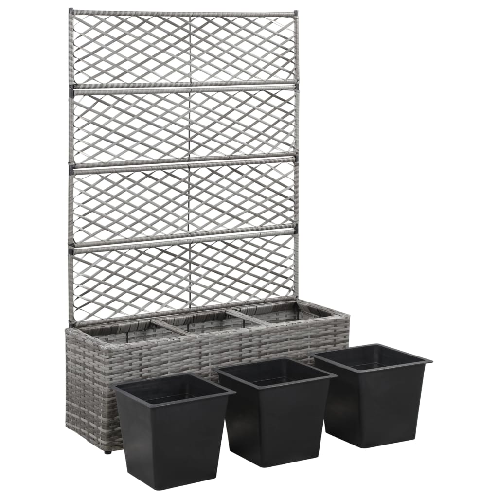 vidaXL Donica z kratką i 3 wkładami, 83x30x130 cm, polirattan, szara
