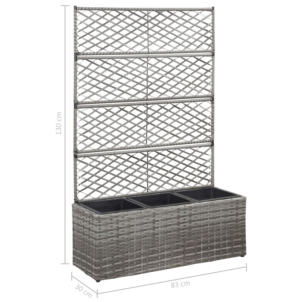 vidaXL Donica z kratką i 3 wkładami, 83x30x130 cm, polirattan, szara