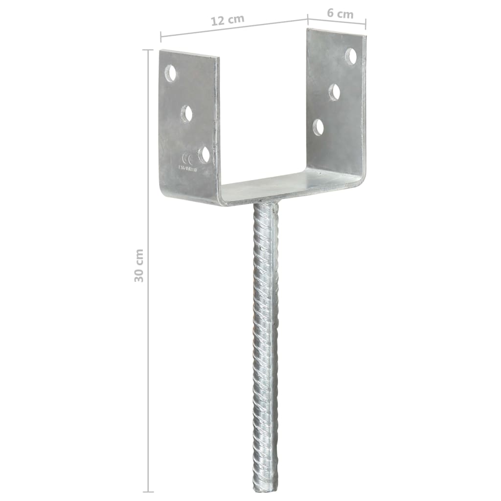 vidaXL Kotwy do słupków, 6 szt., srebrne, 12 x 6 x 30 cm, stal