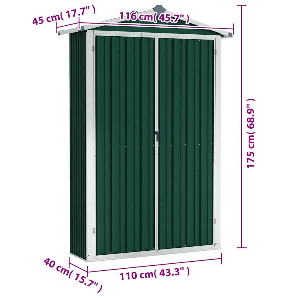 vidaXL Szopa ogrodowa, zielona, 116x45x175 cm, stal galwanizowana