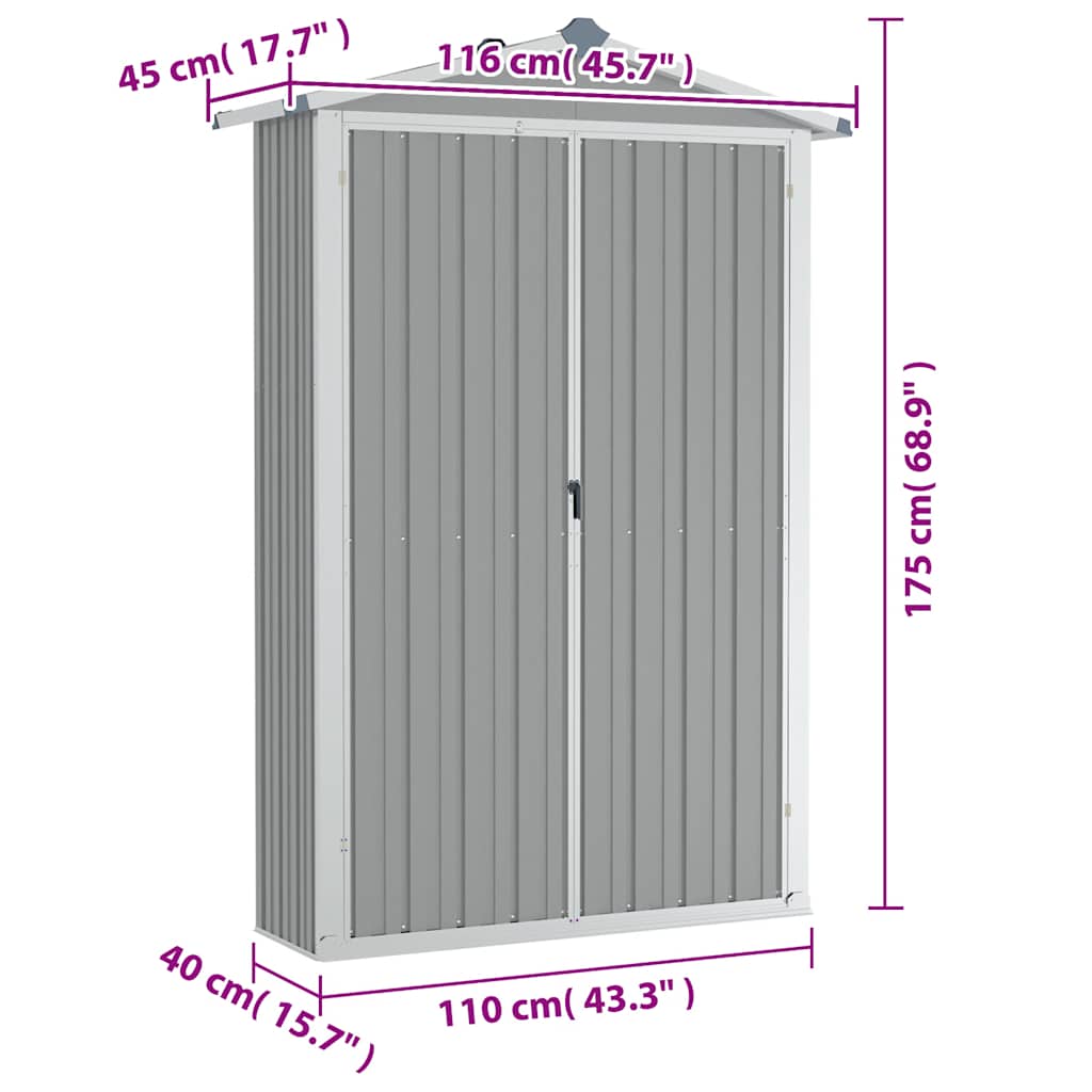vidaXL Szopa ogrodowa, szara, 116x45x175 cm, stal galwanizowana