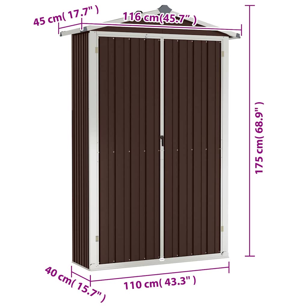 vidaXL Szopa ogrodowa, brązowa, 116x45x175 cm, stal galwanizowana