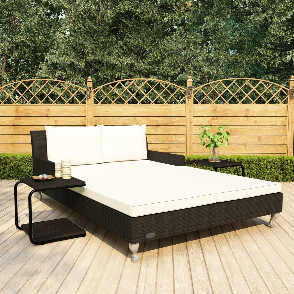 vidaXL 2-osobowe łóżko ogrodowe z poduszkami, rattan PE, czarne