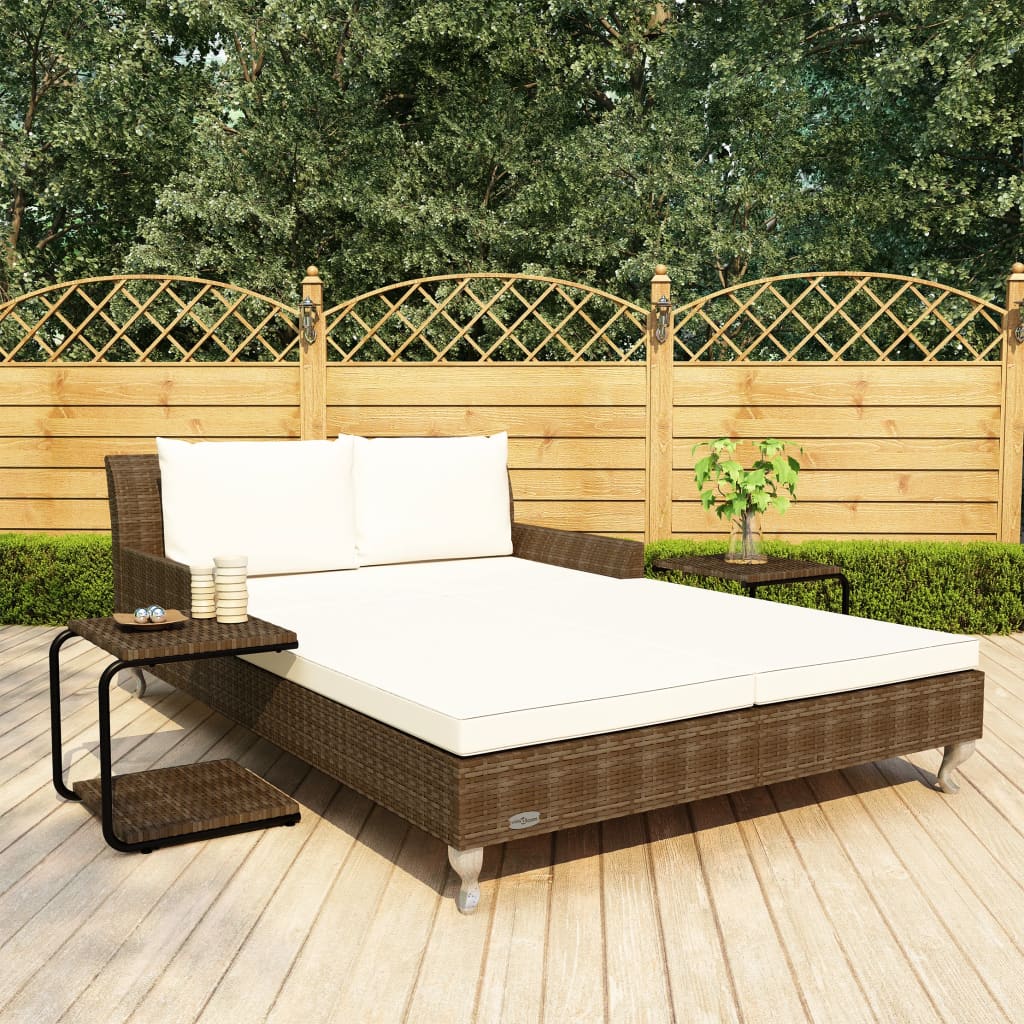 vidaXL 2-osobowe łóżko ogrodowe z poduszkami, rattan PE, brązowe