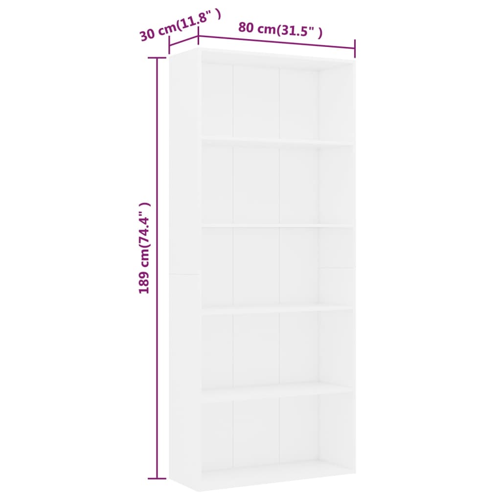 vidaXL 5-poziomowy regał, biały, 80x30x189 cm, materiał drewnopochodny