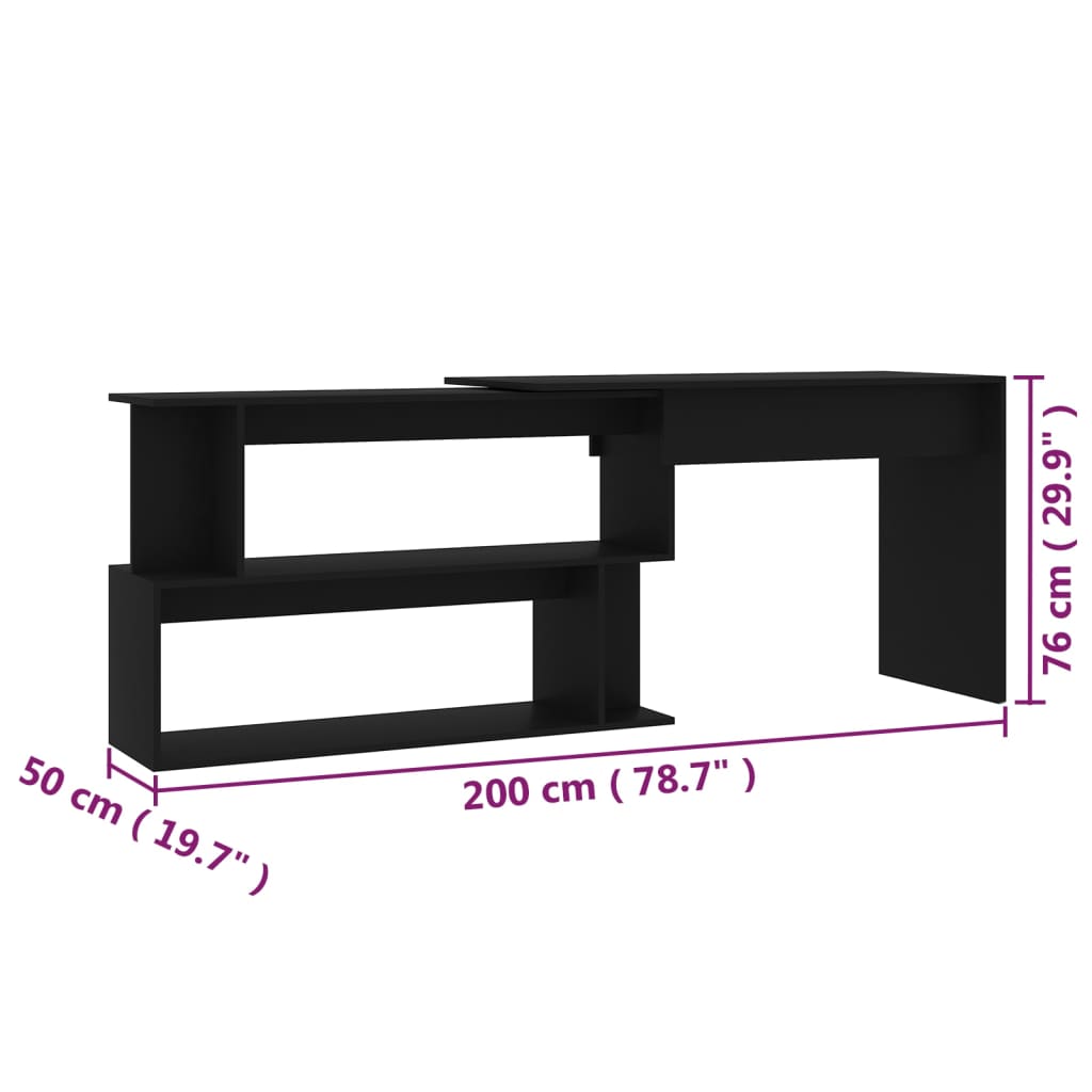 vidaXL Biurko narożne, czarne, 200x50x76 cm, materiał drewnopochodny