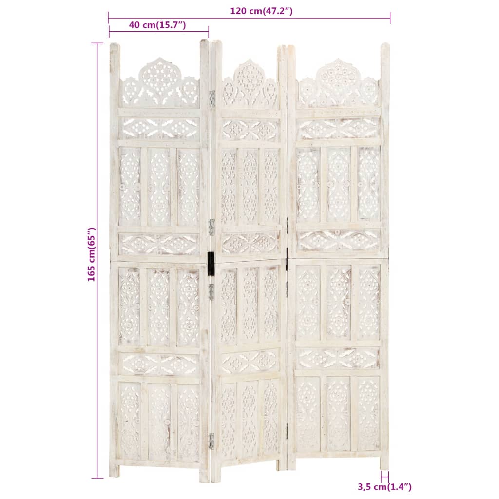 vidaXL Parawan 3-panelowy, rzeźbiony, biały, 120x165 cm, drewno mango