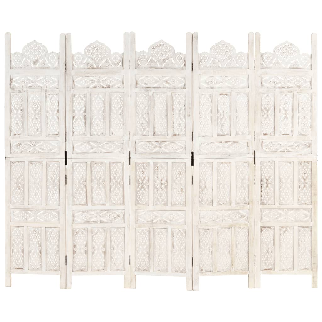 vidaXL Parawan 5-panelowy, rzeźbiony, biały, 200x165 cm, drewno mango