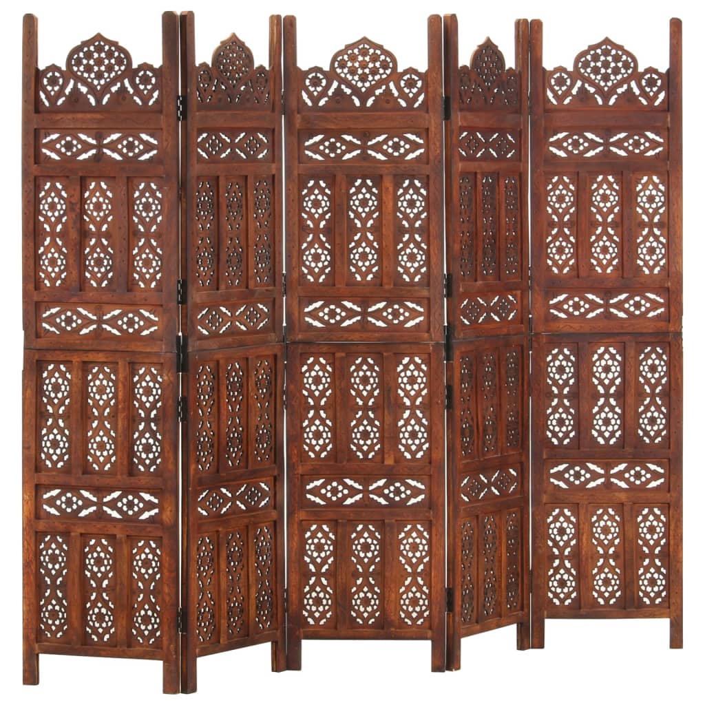 vidaXL Parawan 5-panelowy, rzeźbiony, brąz, 200x165 cm, drewno mango