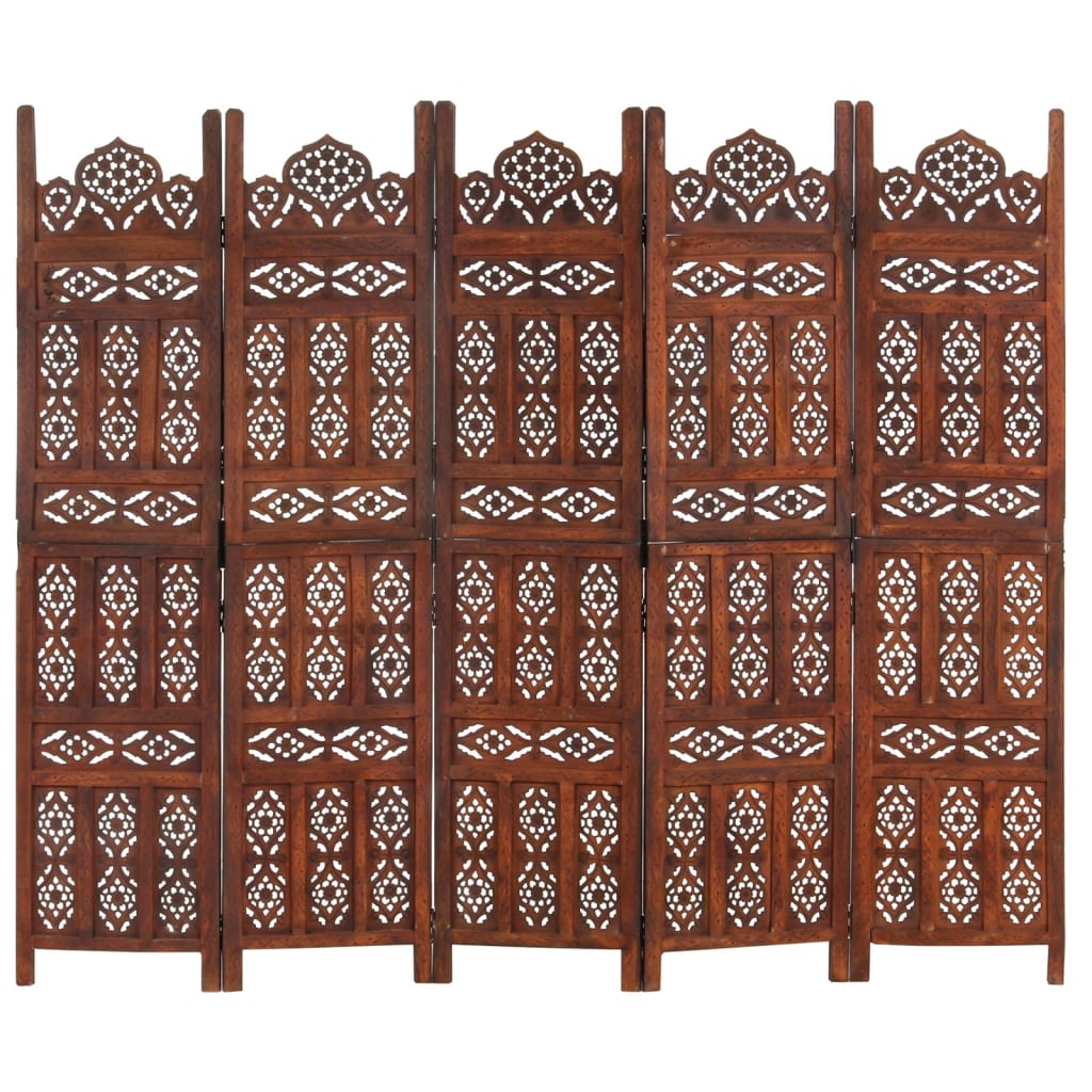 vidaXL Parawan 5-panelowy, rzeźbiony, brąz, 200x165 cm, drewno mango