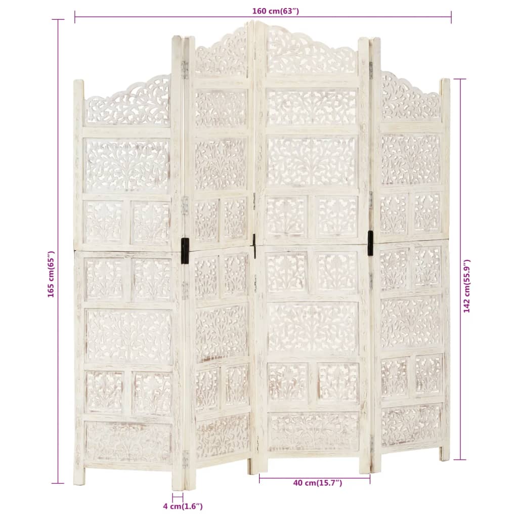 vidaXL Parawan 4-panelowy, rzeźbiony, biały, 160x165 cm, drewno mango