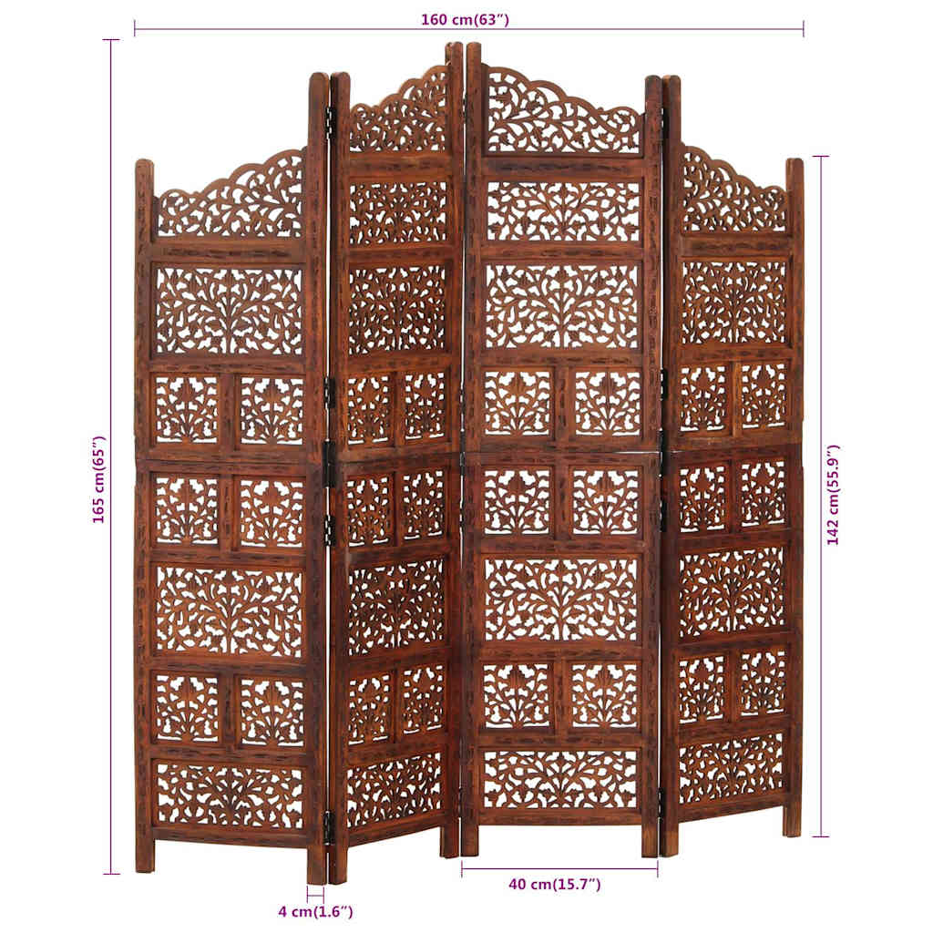 vidaXL Parawan 4-panelowy, rzeźbiony, brąz, 160x165 cm, drewno mango