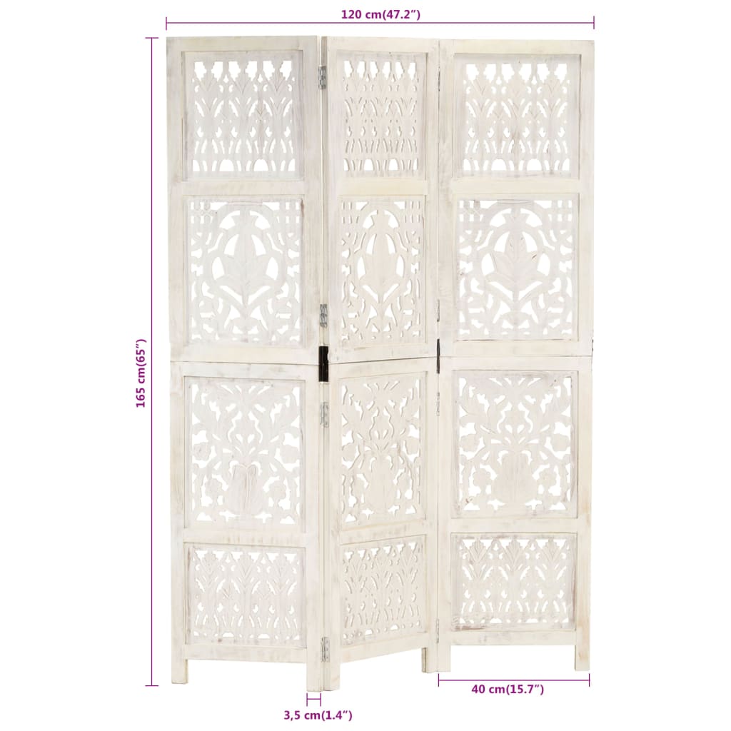 vidaXL Parawan 3-panelowy, rzeźbiony, biały, 120x165 cm, drewno mango