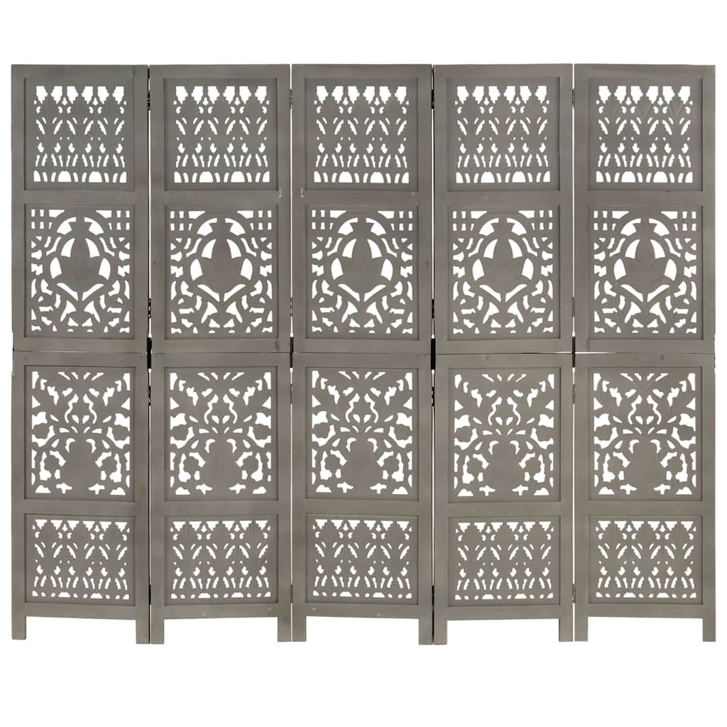 vidaXL Parawan 5-panelowy, rzeźbiony, szary, 200x165 cm, drewno mango