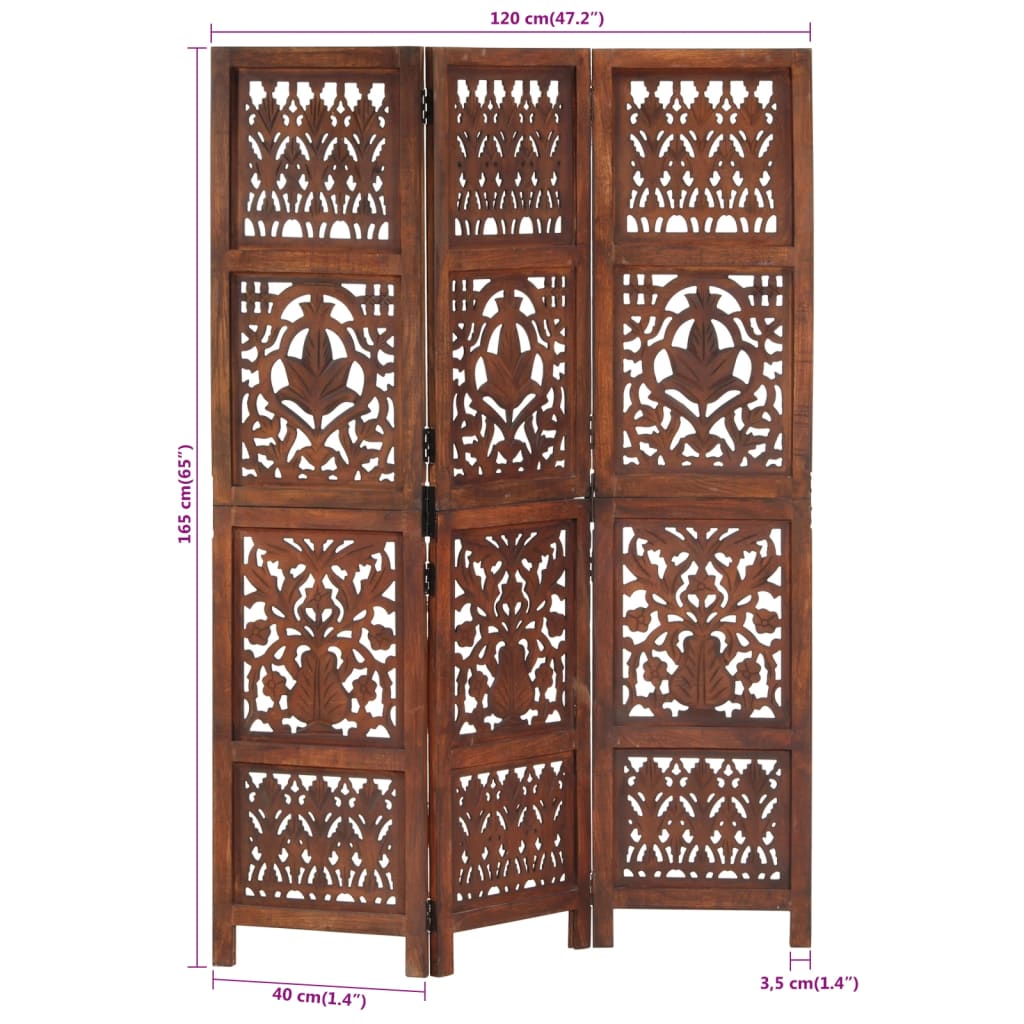 vidaXL Parawan 3-panelowy, rzeźbiony, brązowy 120x165 cm, drewno mango