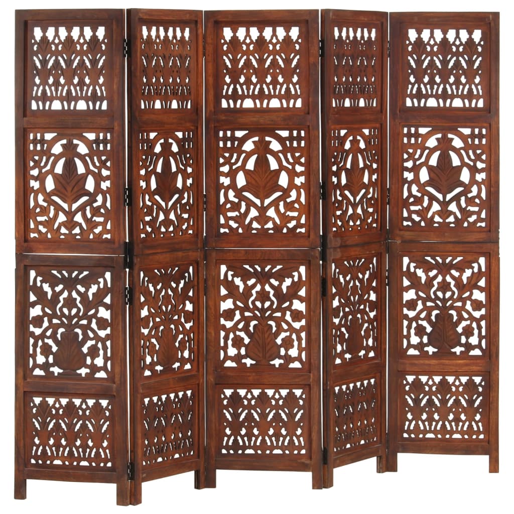 vidaXL Parawan 5-panelowy, rzeźbiony, brąz, 200x165 cm, drewno mango