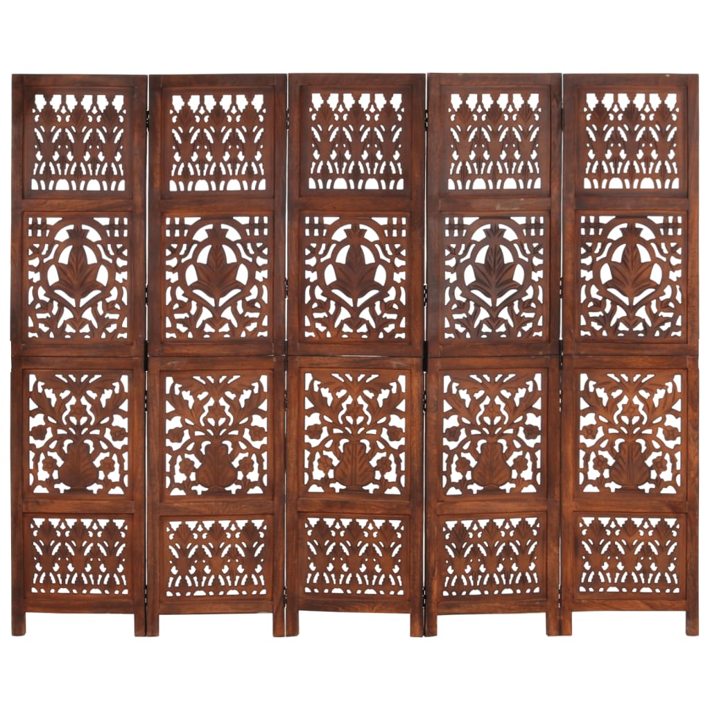 vidaXL Parawan 5-panelowy, rzeźbiony, brąz, 200x165 cm, drewno mango