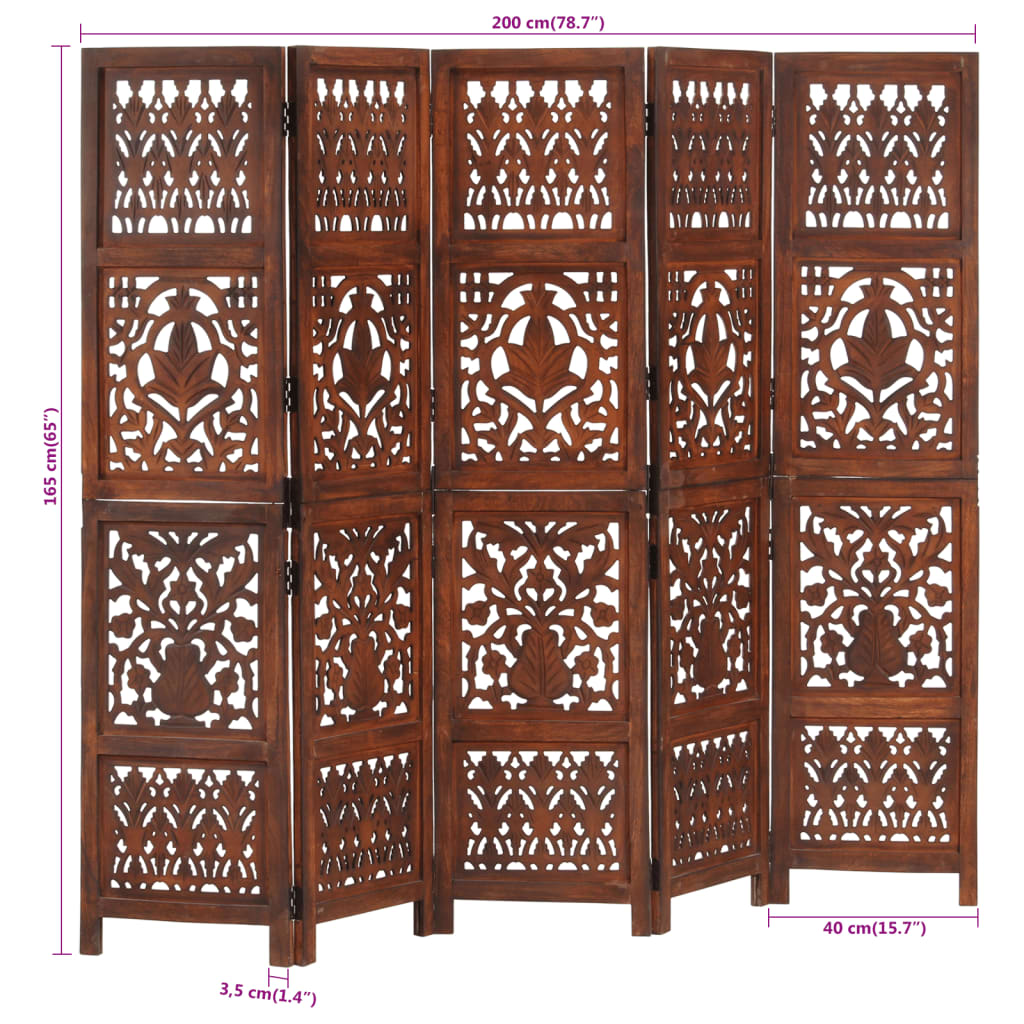vidaXL Parawan 5-panelowy, rzeźbiony, brąz, 200x165 cm, drewno mango