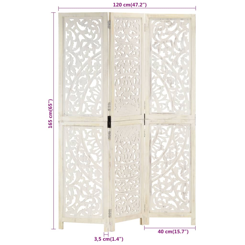 vidaXL Parawan 3-panelowy, rzeźbiony, biały, 120x165 cm, drewno mango