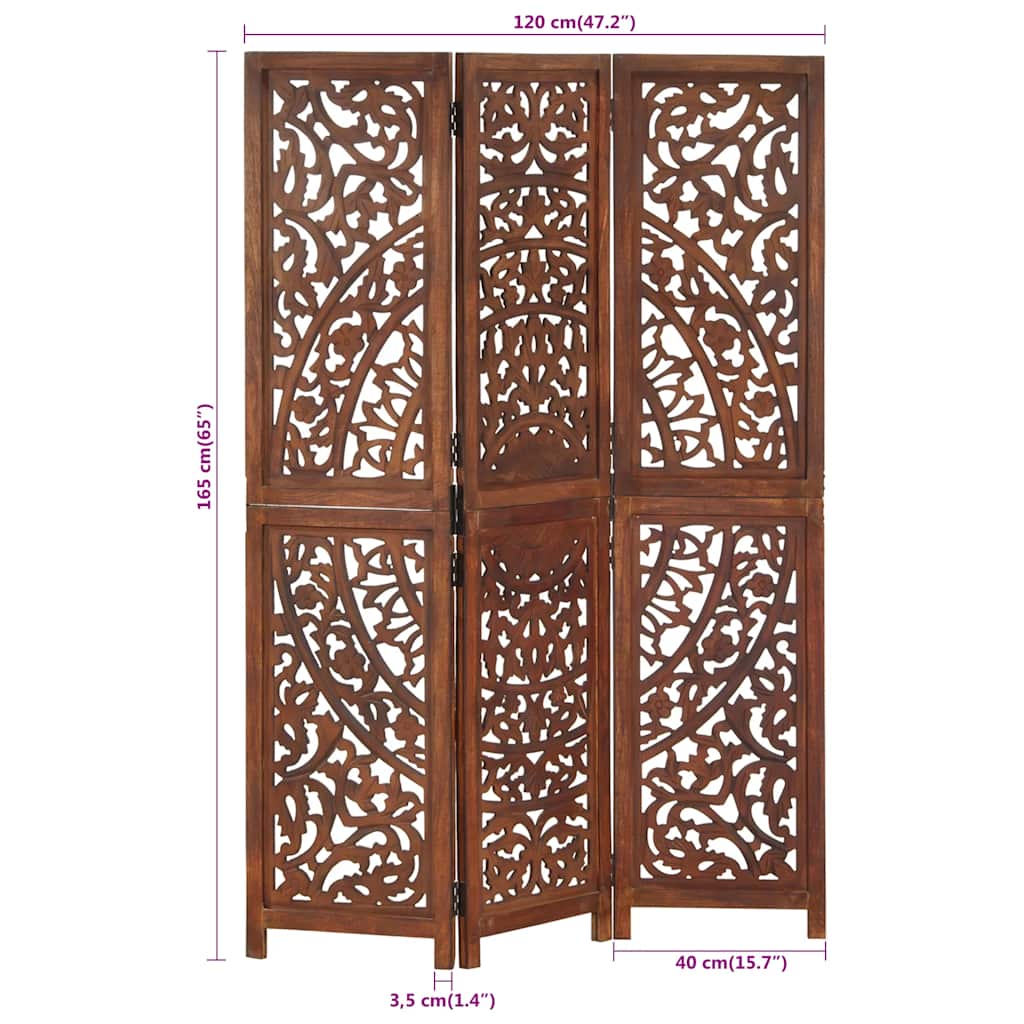 vidaXL Parawan 3-panelowy, rzeźbiony, brązowy 120x165 cm, drewno mango