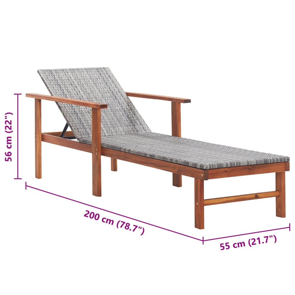 vidaXL Leżak, polirattan i lite drewno akacjowe, szary