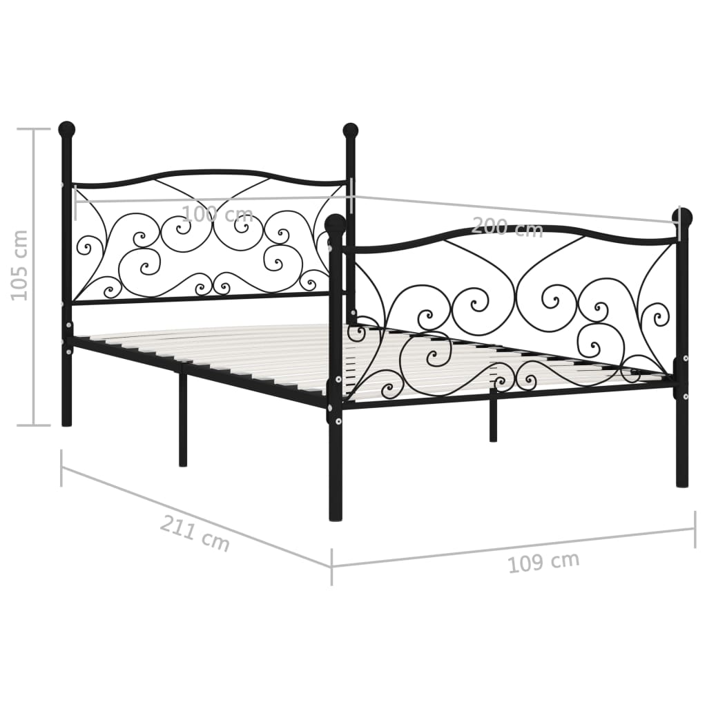 vidaXL Rama łóżka ze stelażem z listw, czarna, metalowa, 100 x 200 cm