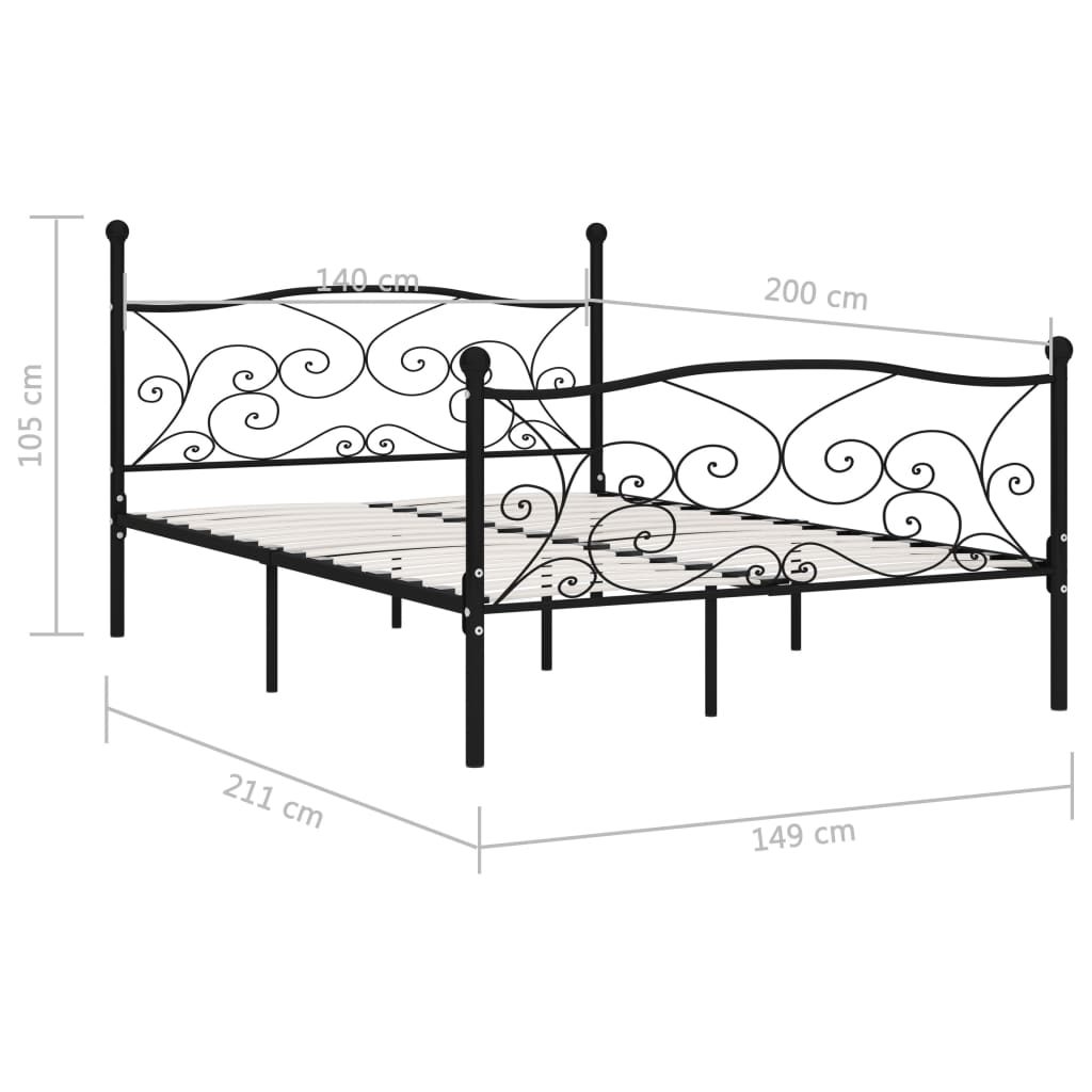 vidaXL Rama łóżka ze stelażem z listw, czarna, metalowa, 140 x 200 cm