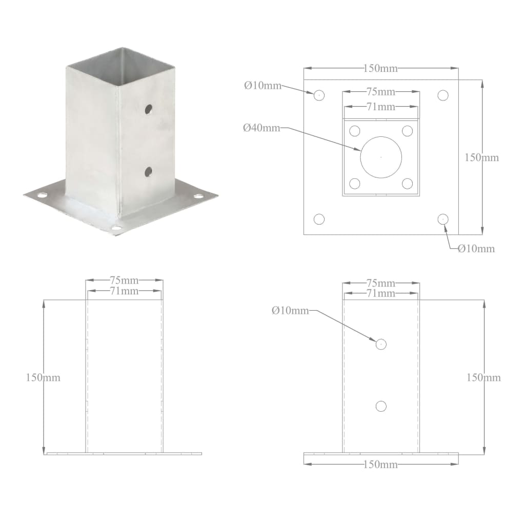 vidaXL Podstawy słupów, 4 szt., galwanizowany metal, 71 mm