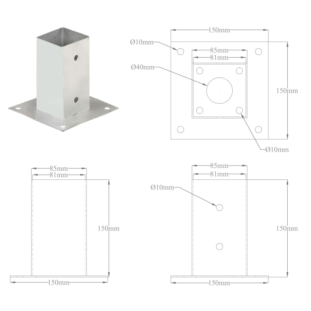 vidaXL Podstawy słupów, 4 szt., galwanizowany metal, 81 mm