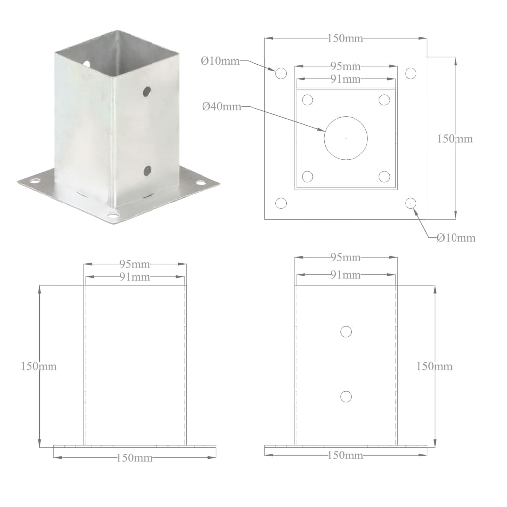 vidaXL Podstawy słupów, 4 szt., galwanizowany metal, 91 mm