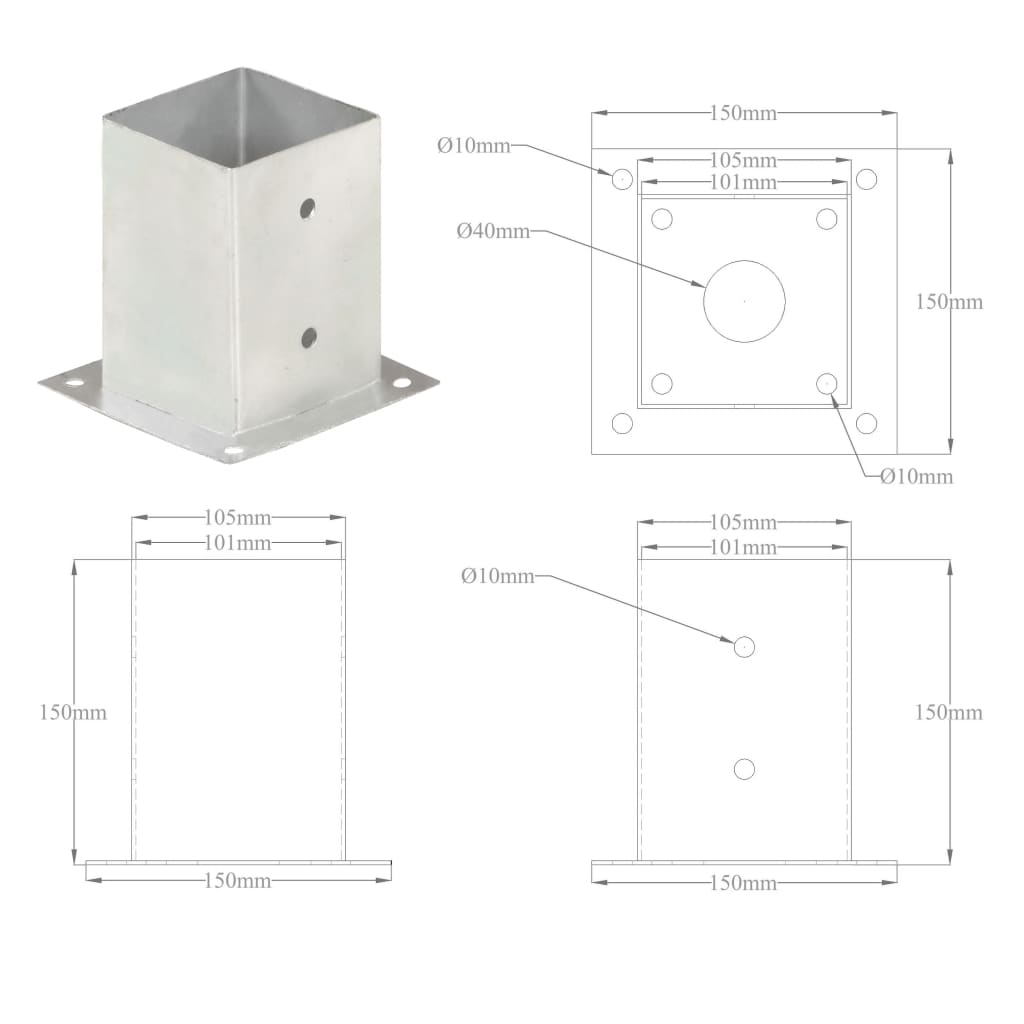 vidaXL Podstawy słupów, 4 szt., galwanizowany metal, 101 mm