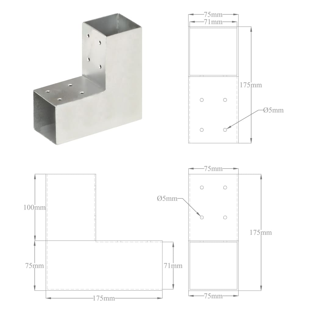 vidaXL Łączniki w kształcie L, 4 szt., galwanizowany metal, 71x71 mm