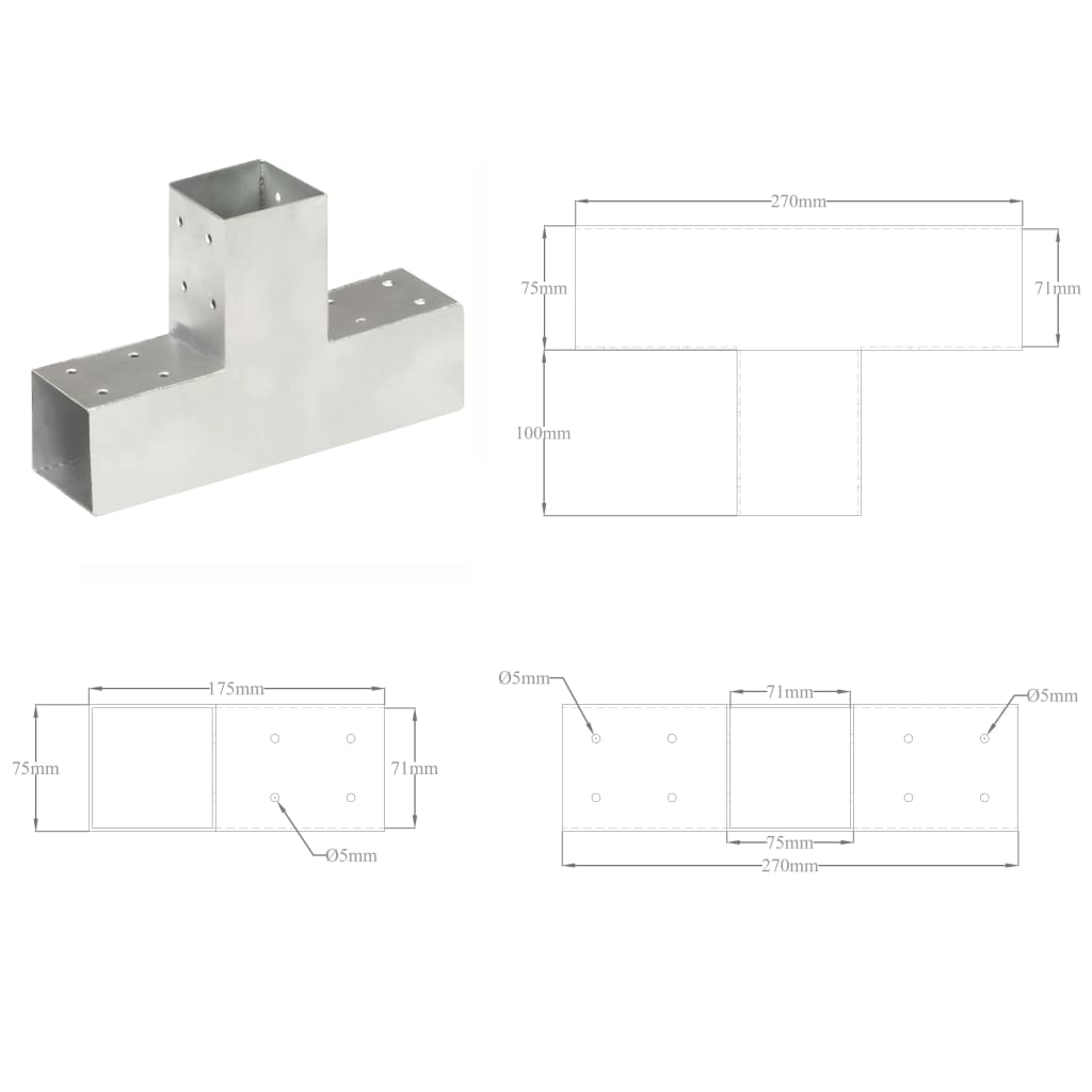 vidaXL Łącznik do słupków w kształcie T, galwanizowany metal, 71x71 mm