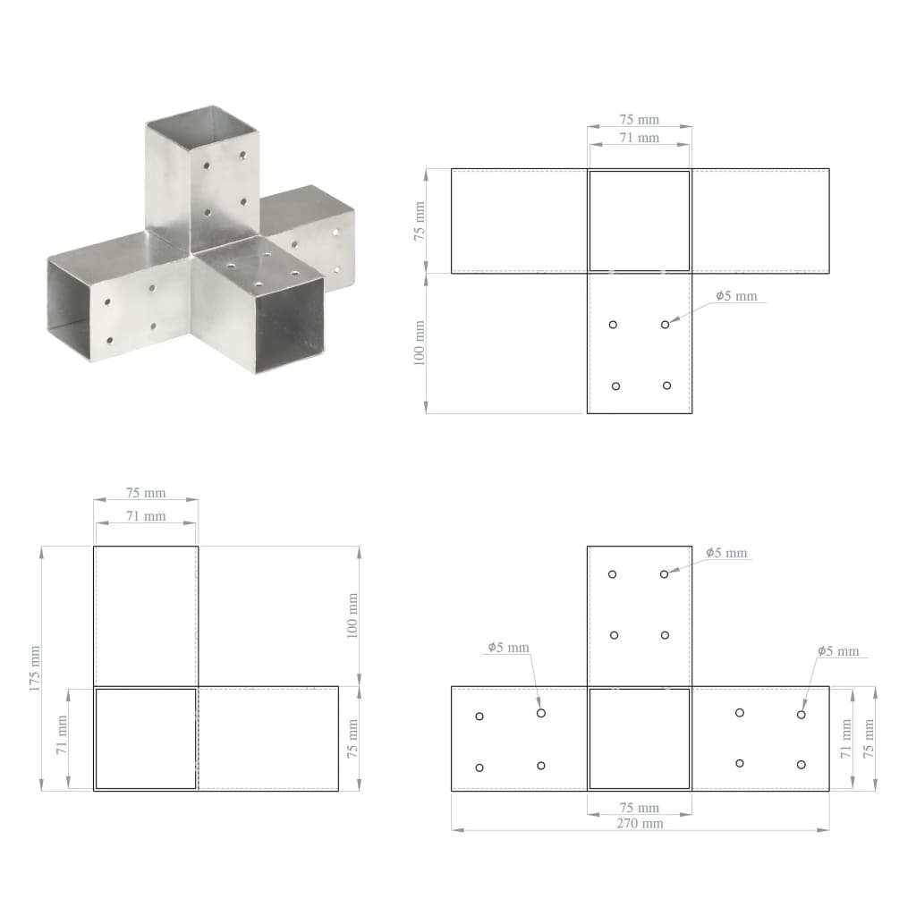 vidaXL Łącznik do słupków w kształcie X, galwanizowany metal, 71x71 mm