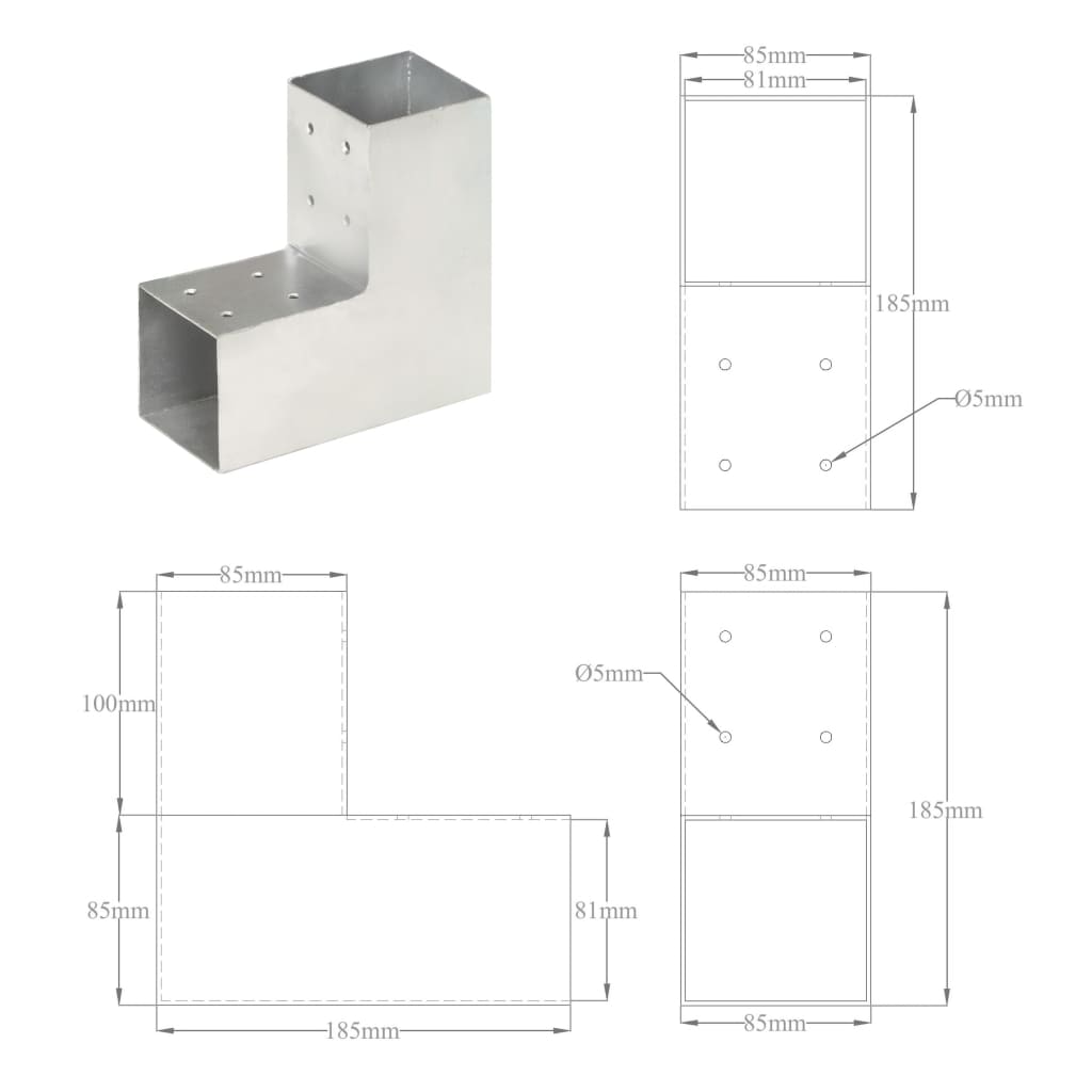 vidaXL Łącznik do słupków w kształcie L, galwanizowany metal, 81x81 mm