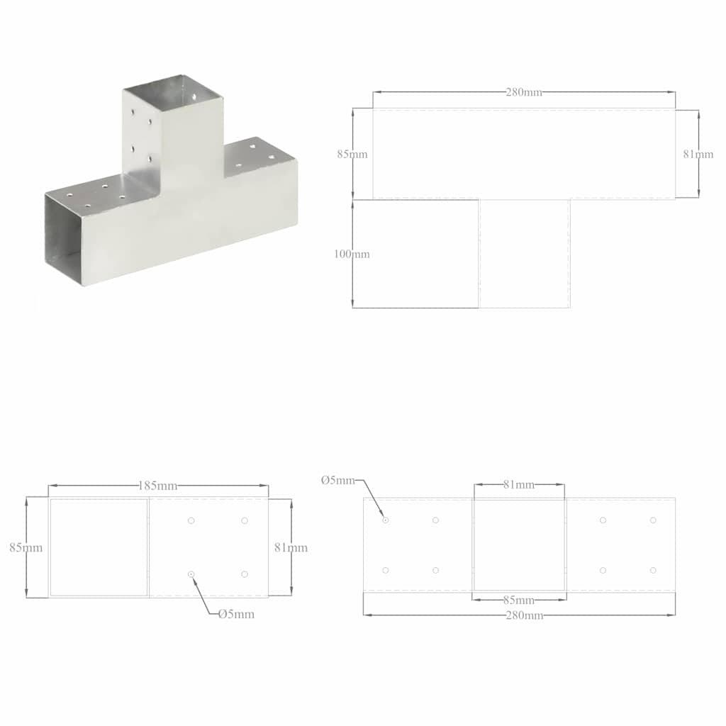 vidaXL Łącznik do słupków w kształcie T, galwanizowany metal, 81x81 mm