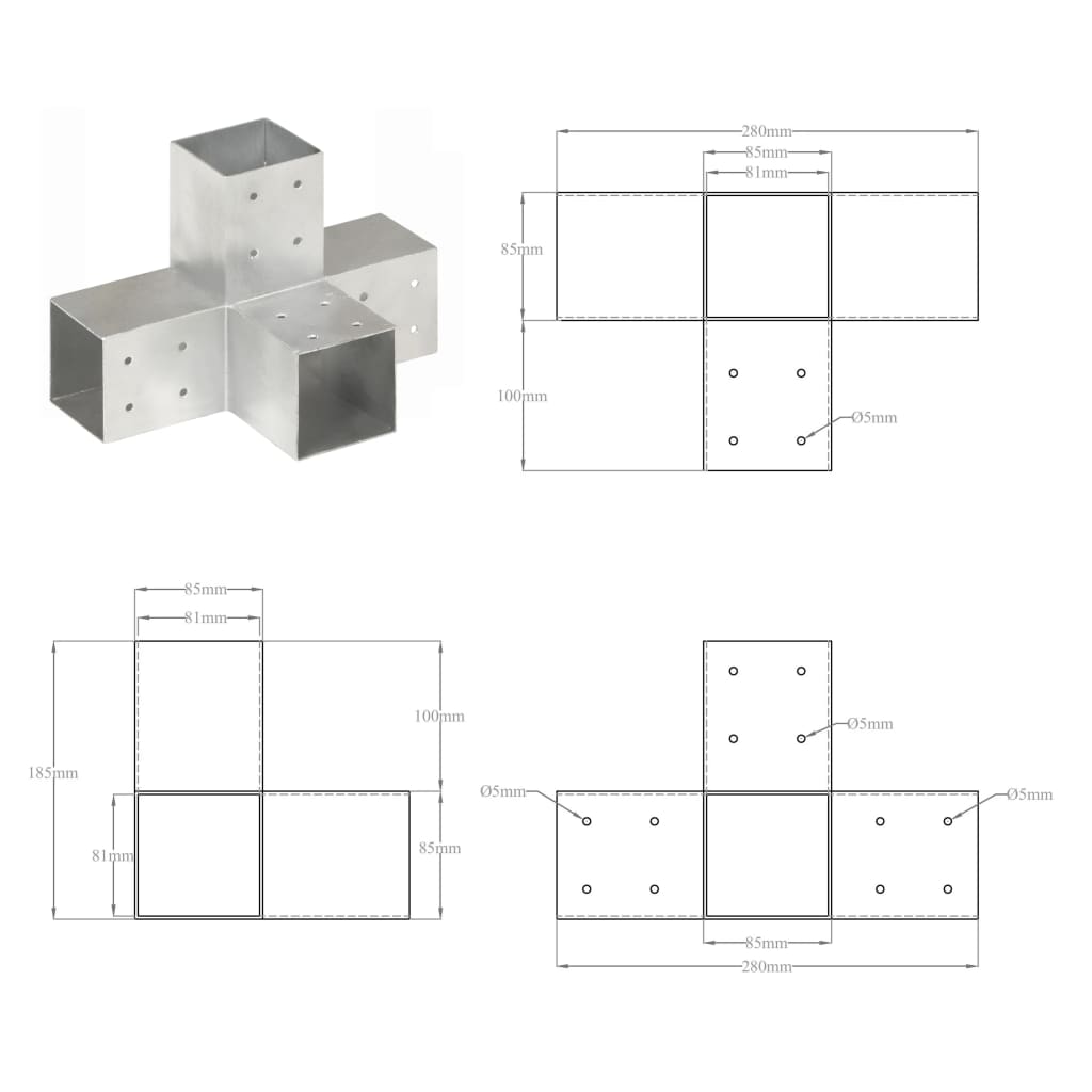 vidaXL Łącznik do słupków w kształcie X, galwanizowany metal, 81x81 mm