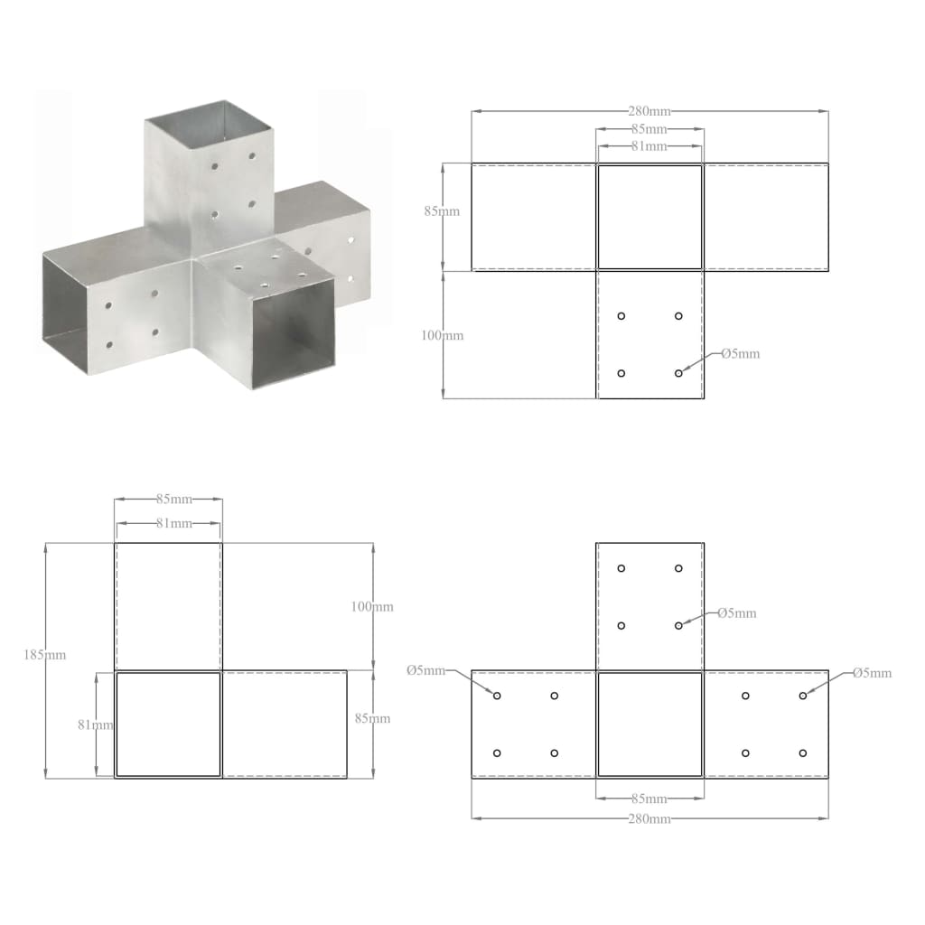 vidaXL Łączniki w kształcie X, 4 szt., galwanizowany metal, 81x81 mm