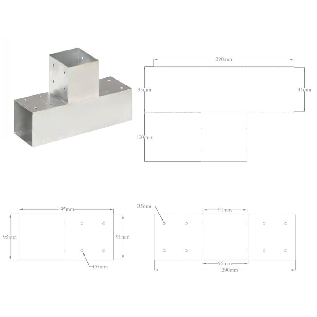 vidaXL Łączniki w kształcie T, 4 szt., galwanizowany metal, 91x91 mm