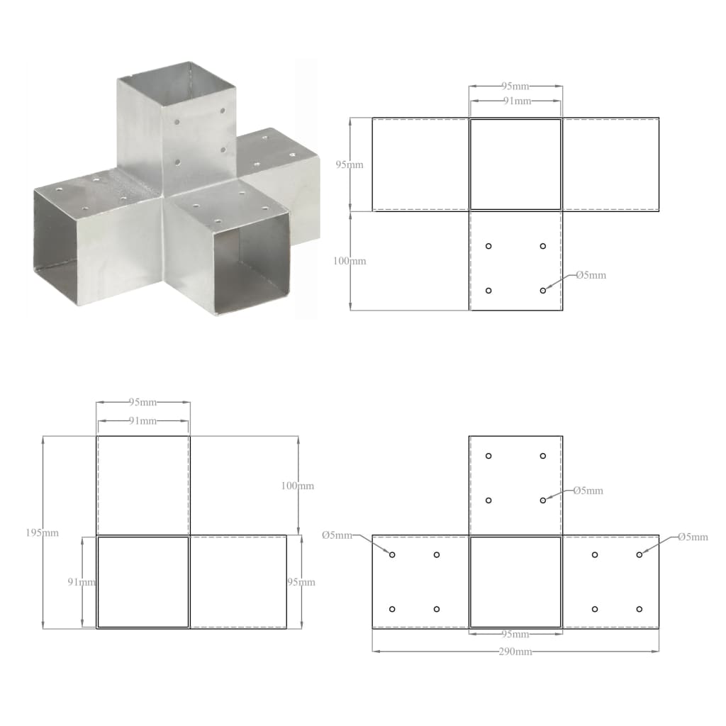 vidaXL Łącznik do słupków w kształcie X, galwanizowany metal, 91x91 mm