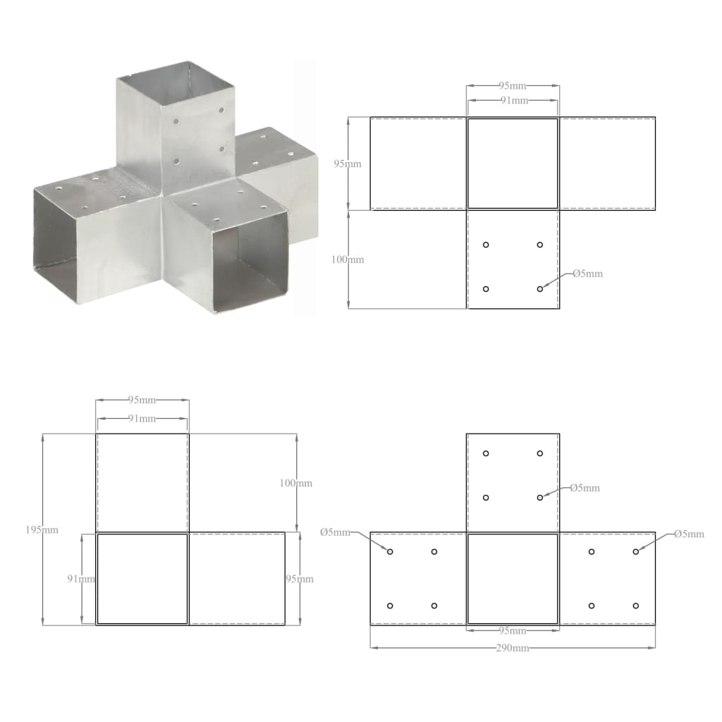 vidaXL Łączniki w kształcie X, 4 szt., galwanizowany metal, 91x91 mm