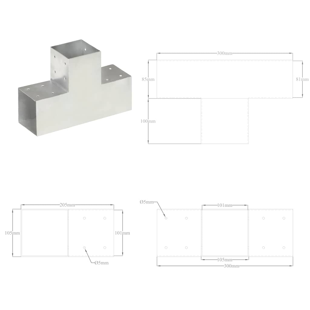 vidaXL Łączniki w kształcie T, 4 szt., galwanizowany metal, 101x101 mm