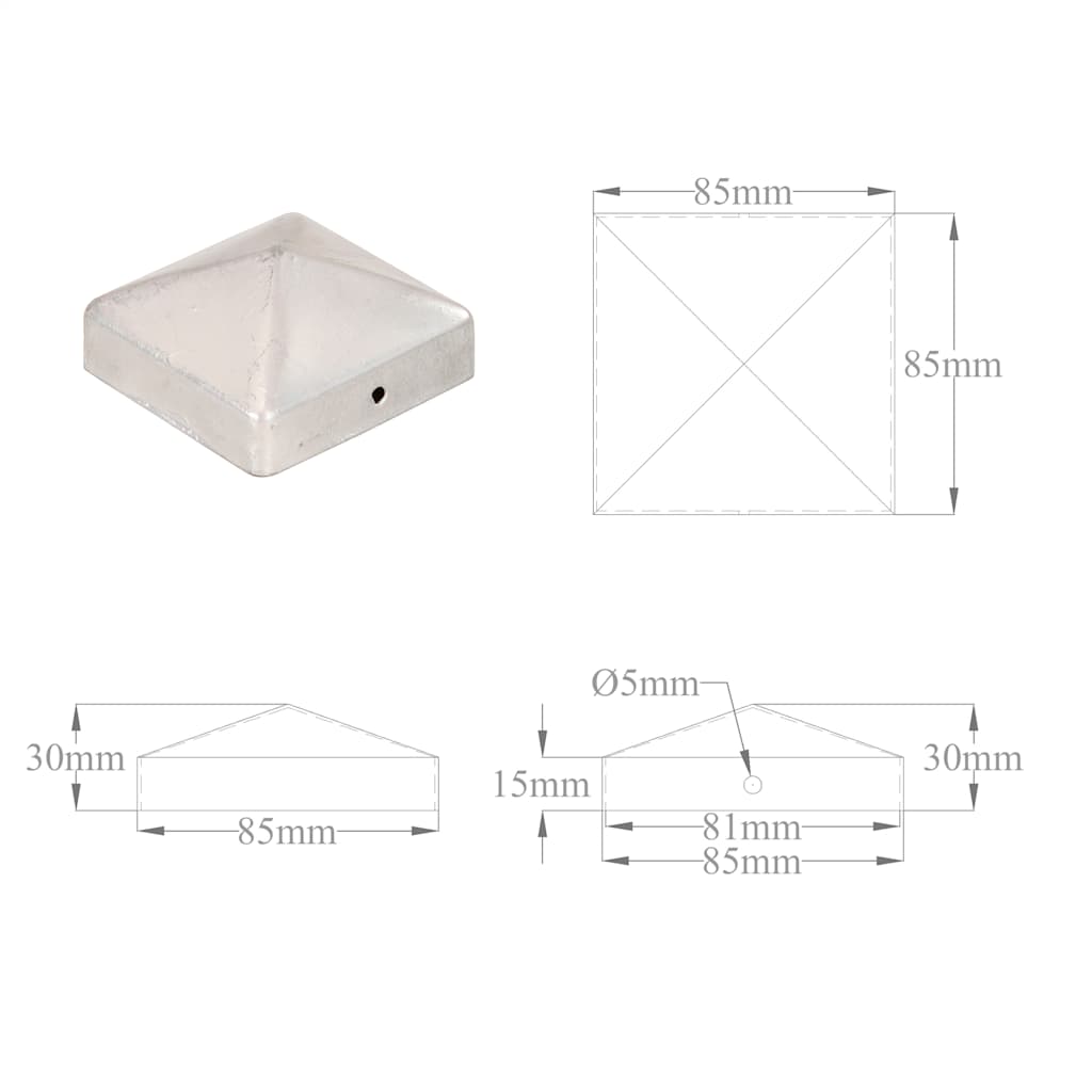 vidaXL Zatyczki na słupki, 6 szt., galwanizowany metal, 81x81 mm