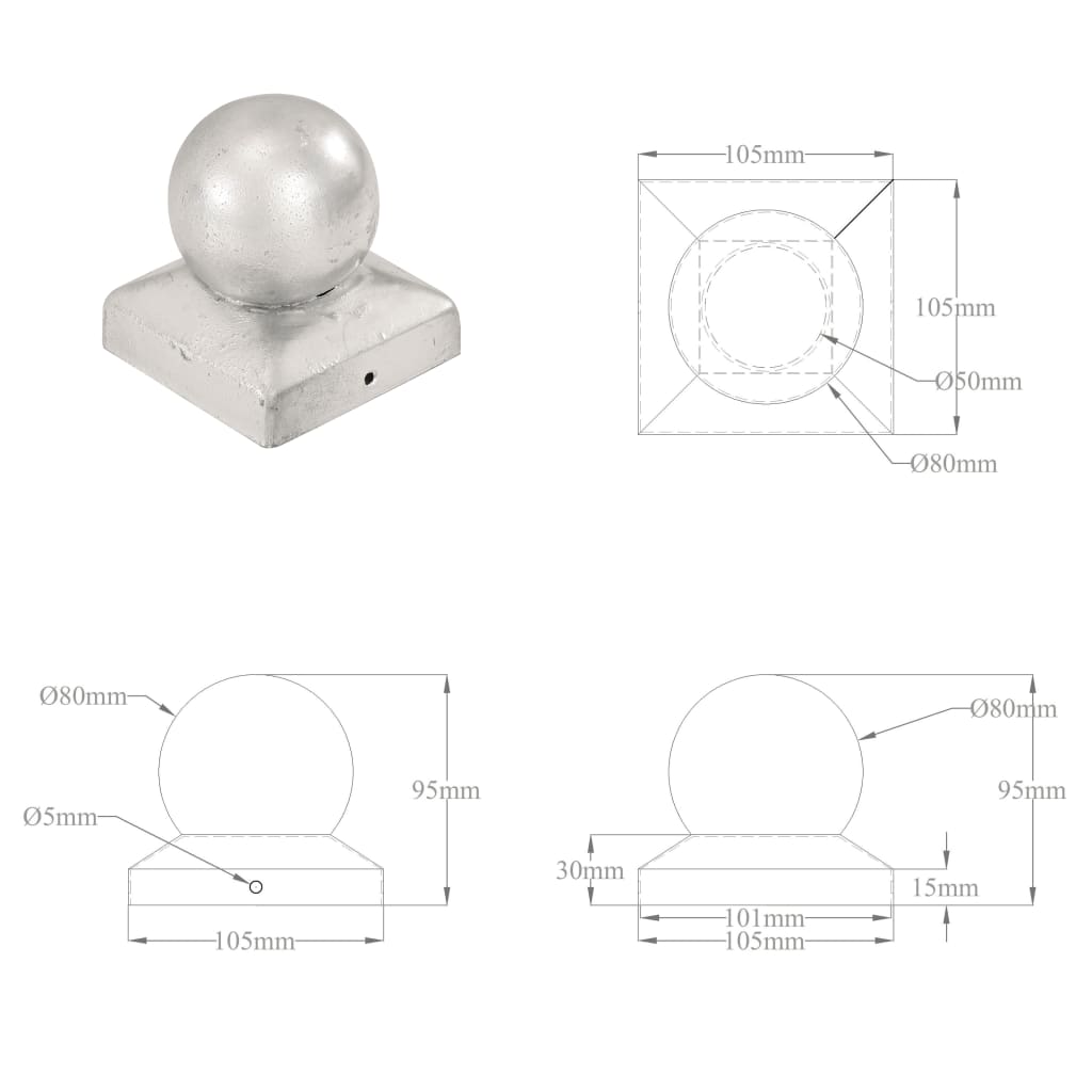 vidaXL Zatyczki na słupki 6 szt. kule, galwanizowany metal, 101x101 mm