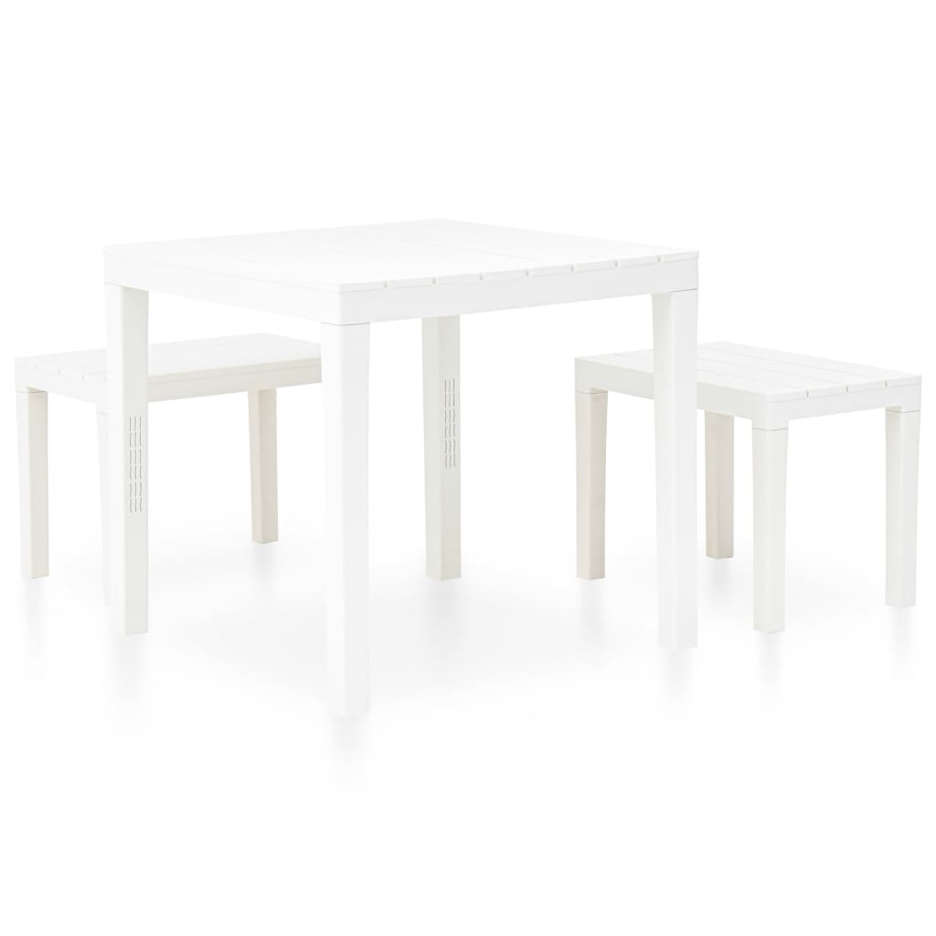 vidaXL Stolik ogrodowy z 2 ławkami, plastikowy, biały