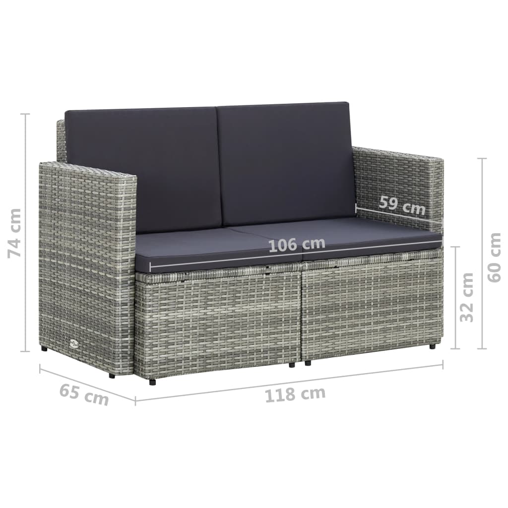 vidaXL 2-osobowa sofa ogrodowa z poduszkami, polirattan, szara