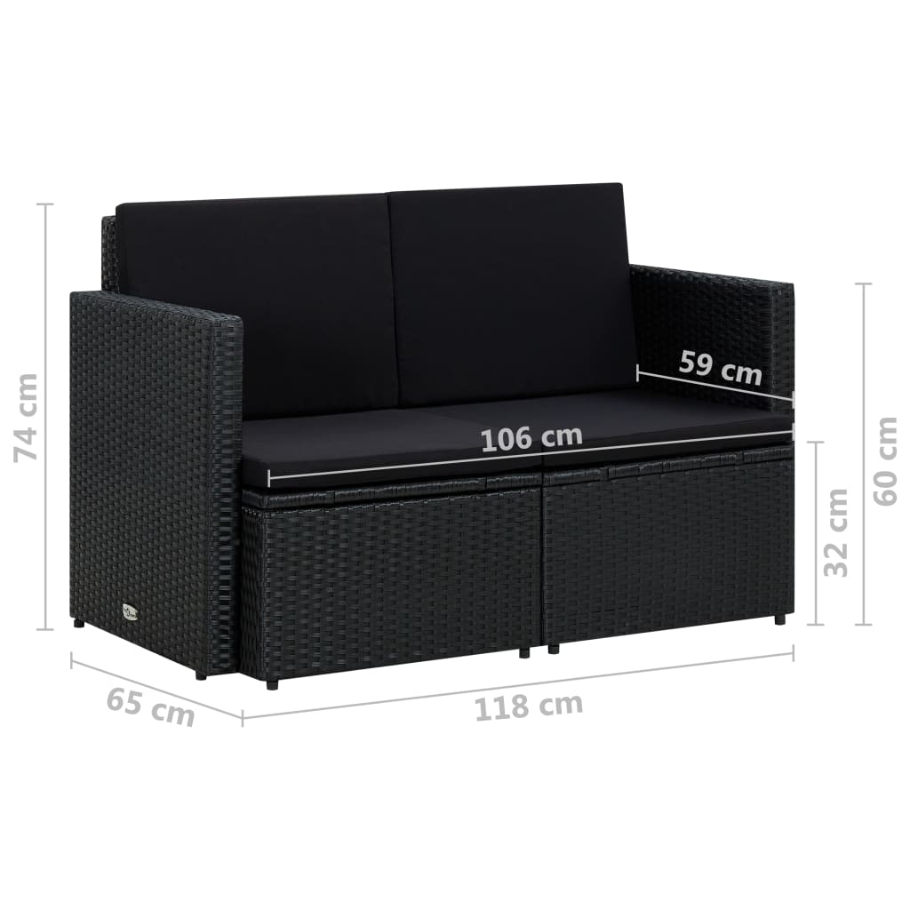 vidaXL 2-osobowa sofa ogrodowa z poduszkami, czarna, polirattan
