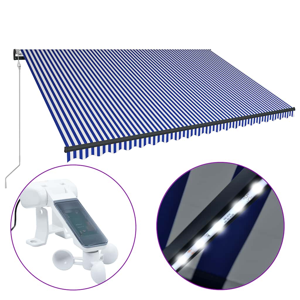 vidaXL Markiza z LED i czujnikiem wiatru, 500x300 cm, niebiesko-biała