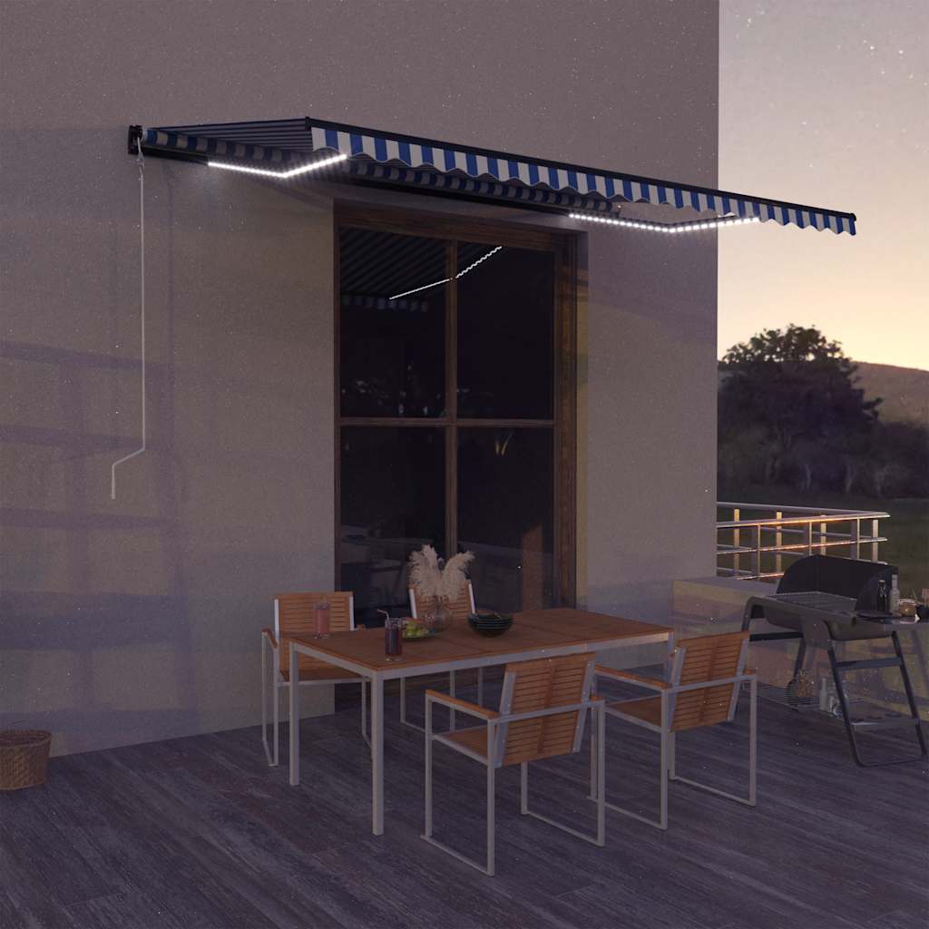 vidaXL Markiza z LED i czujnikiem wiatru, 500x300 cm, niebiesko-biała